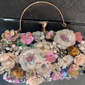 NWOT Small Beaded Floral Clutch. Fits IPhone. Black Satin back and inside.
